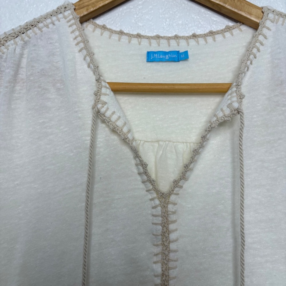 J.McLaughlin Linen Blend Boho Whipstitch Tassel Tie Blouse Ivory Cream Womens M - Picture 4 of 8